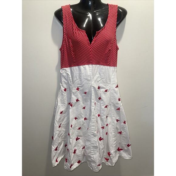 eshakti Dresses & Skirts - Eshakti Size L 14 Red White Stripe Bird Dress Full Flare Skirt Sleeveless Pocket